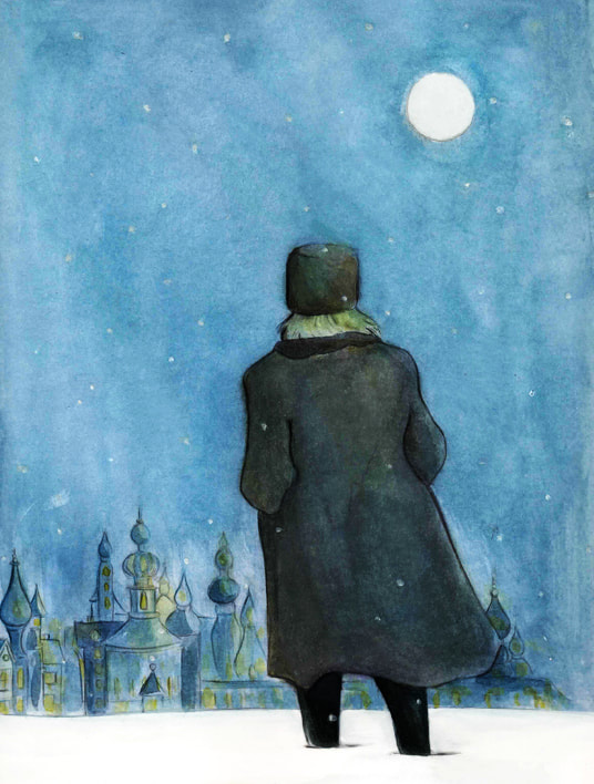 Watercolor illustration of man standing in winter coat in Russian winter